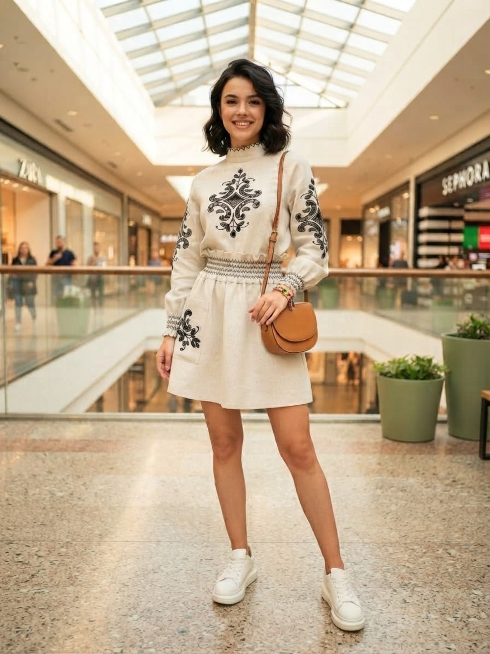 Melange Cream Mini Dress with Black Embroidery